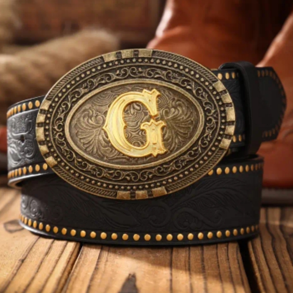 Western Tooled Belt w/ Gold Monogram Buckle | Cowboy Several Letters Available - Picture 9 of 16